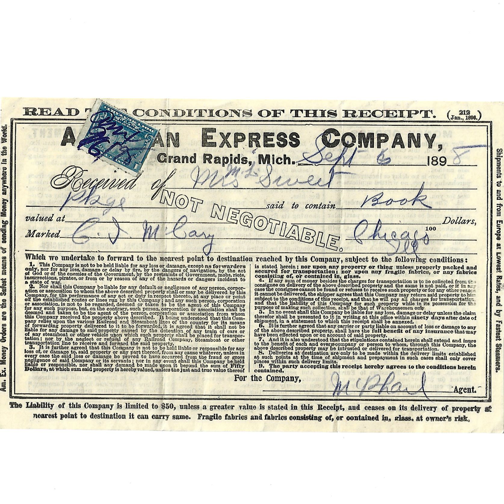 1898 American Express Company Receipt - Parry's Vintage
