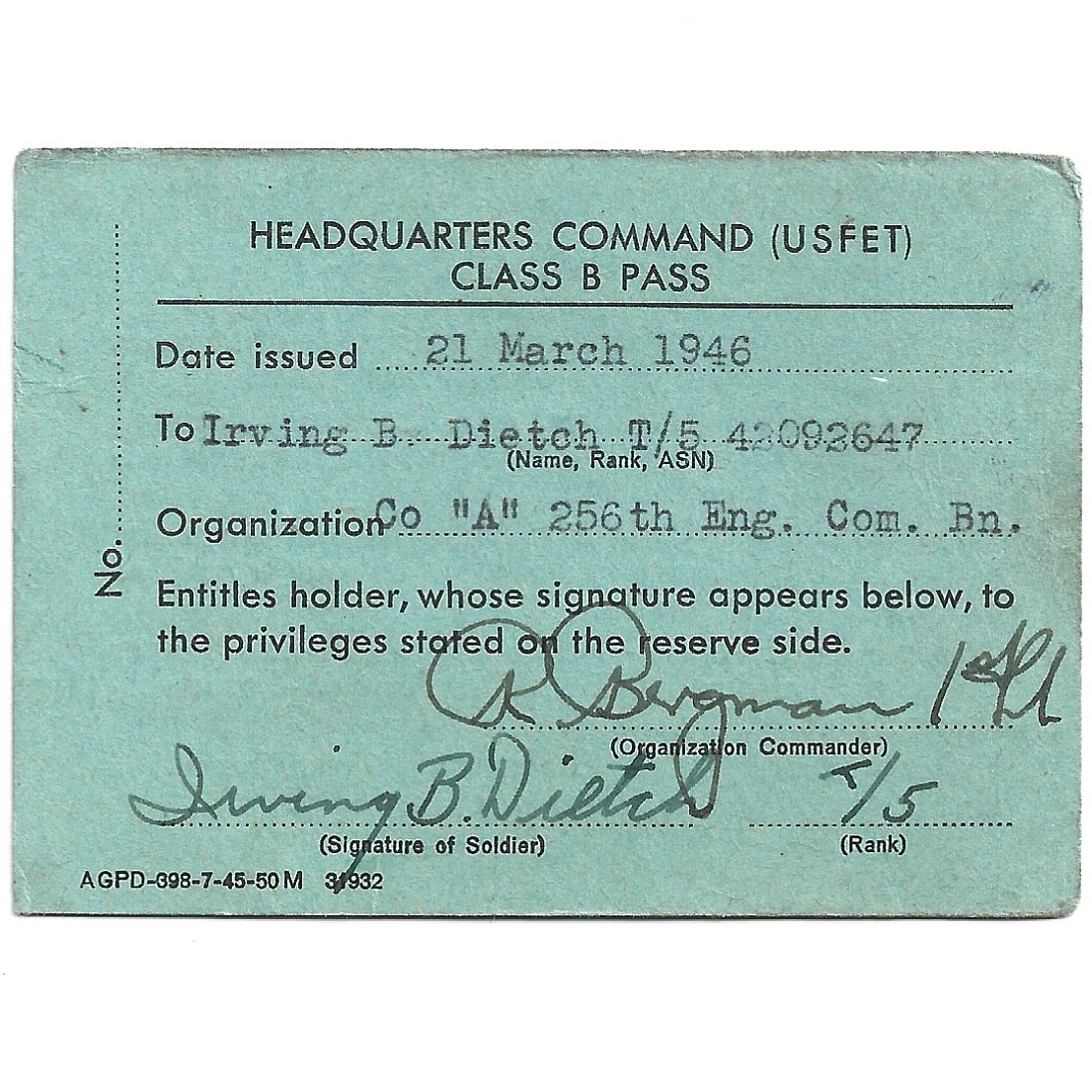 Military Base Pass Example WWII US Headquarters Command Class B Pass - Parry's Vintage